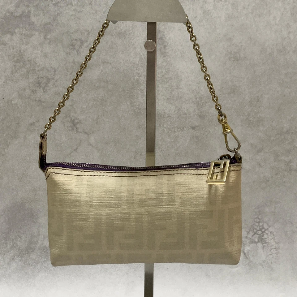 FENDI Hand Shoulder bag Zucca Chain Purse Accessory Pouch PVC Leather Off White - Image 3 of 4