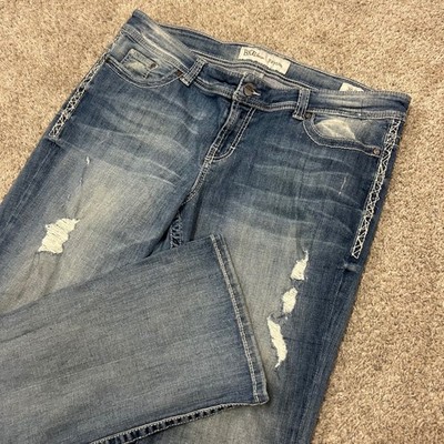 BKE Payton Bootcut Jeans 36X31 Blue Distressed Embroidered Contrast Stitch Denim