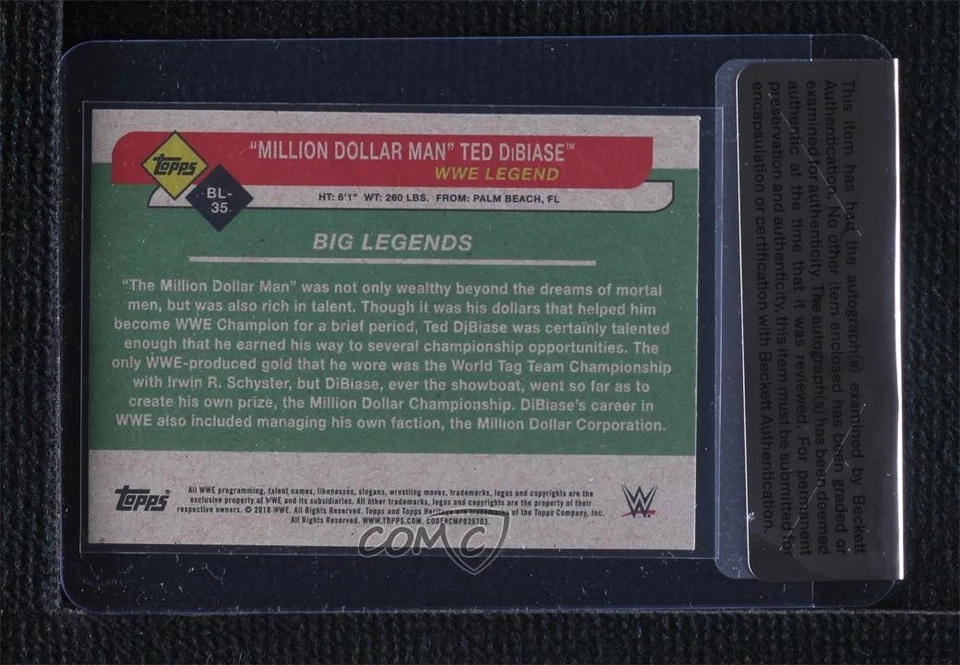 BAS 2018 Topps Heritage WWE Big Legends Ted DiBiase #BL-35 Seal of Authenticity - Image 2 of 2