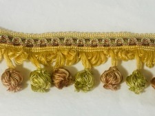 1 YD 2" Vintage Trim Fringe Pom Pom Onion Tassel Green & Mauve on French Yellow