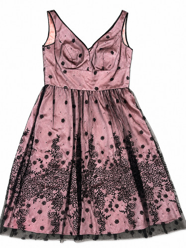 Adrianna Papell Boutique Dress 2P Mauve Black Embroidered Tulle Cocktail Petite