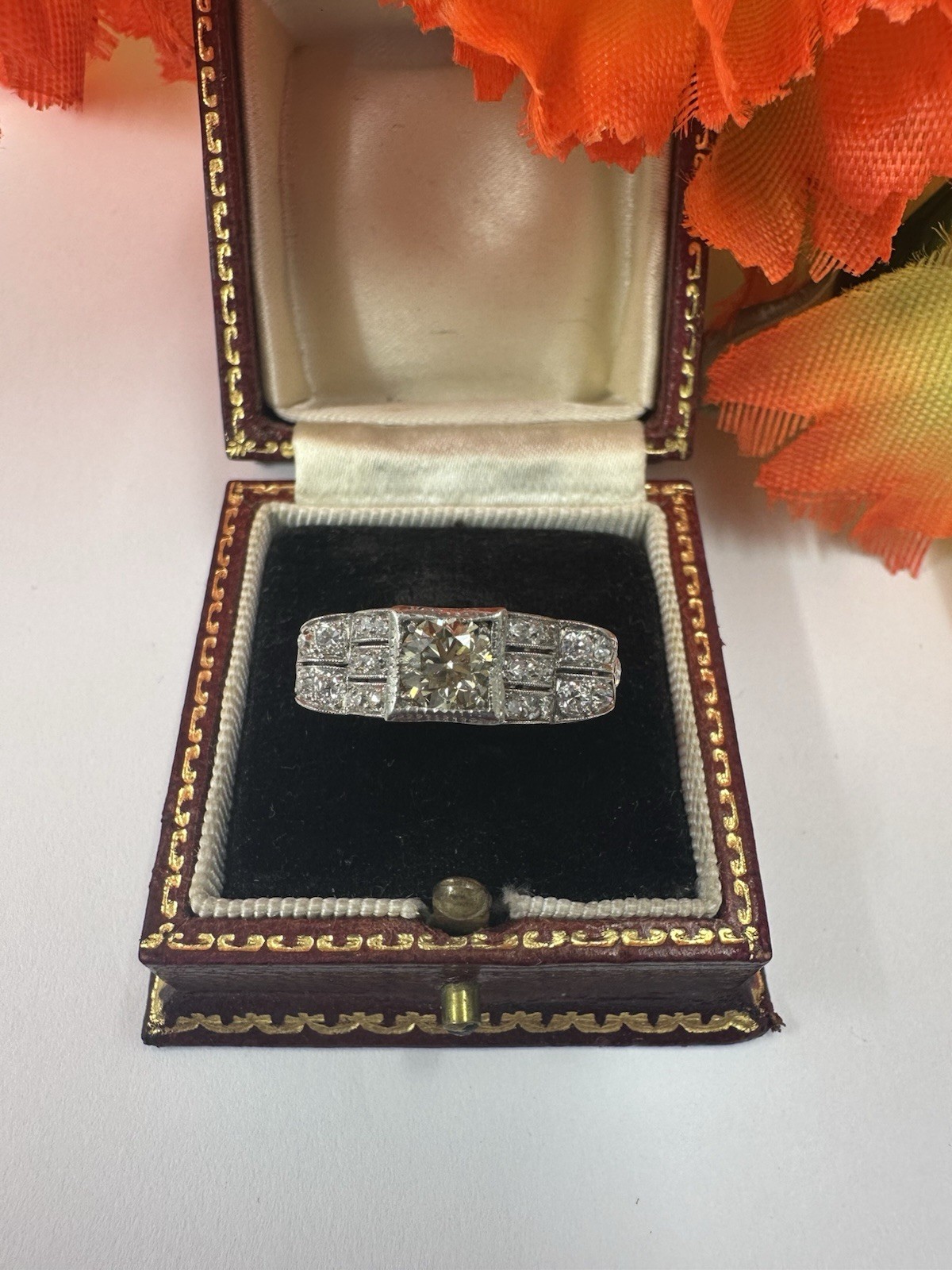 Gorgeous Champagne Diamond 1920s Art Deco Platinum Ring 0.75ct/0.50ct