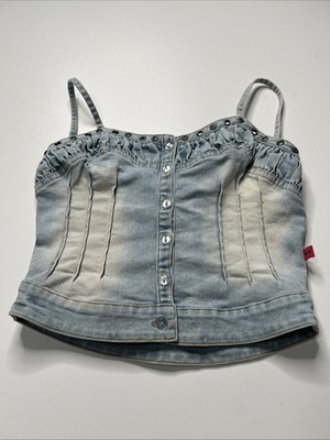 Vintage Y2K Denim Corset Top - Light Blue Jean Bustier with Eyelets - Size S