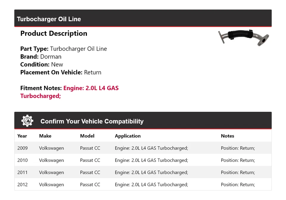 Para Volkswagen Passat CC Dorman 2009-2012 turbocompresor línea de aceite 2010 2011 Foto 2 de 4
