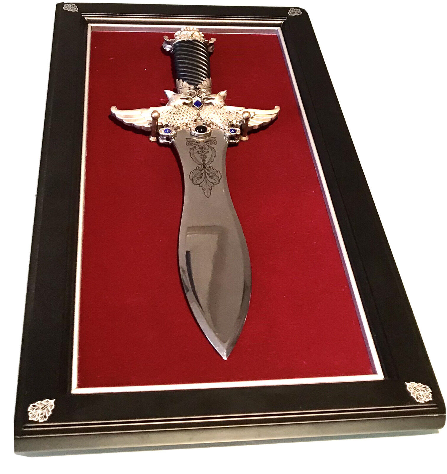 Double Dragon Blade Master Fantasy Sword Dagger with Wooden Display Plaque