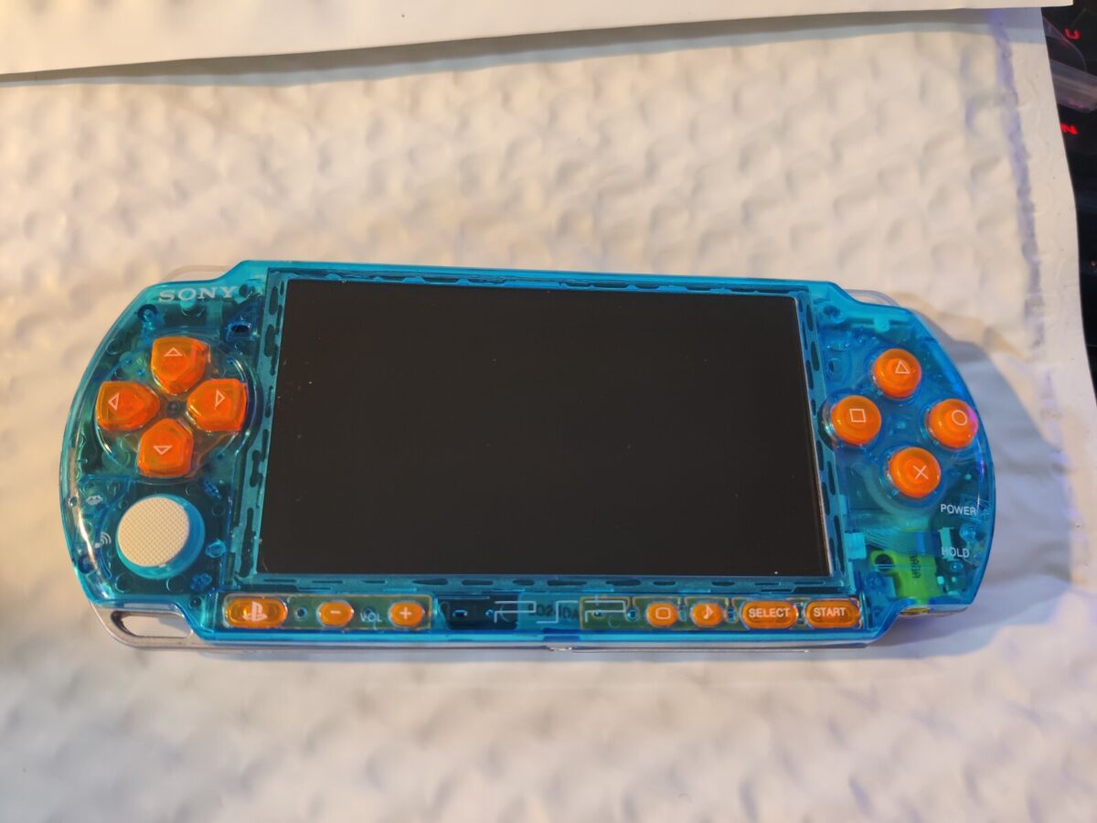 Sony PSP 3000 Console System Transparent Blue / Orange Buttons w Charger  import