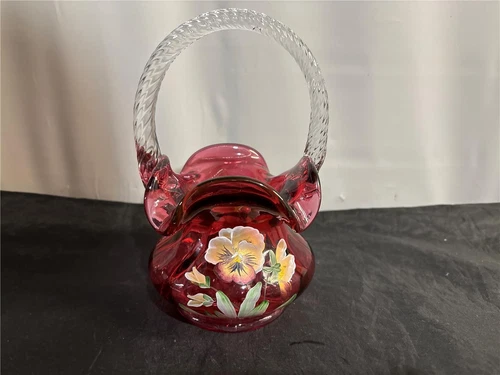Fenton Cranberry Hand Painted Basket w/Gold Pansies Twisted Handle Artist Signed