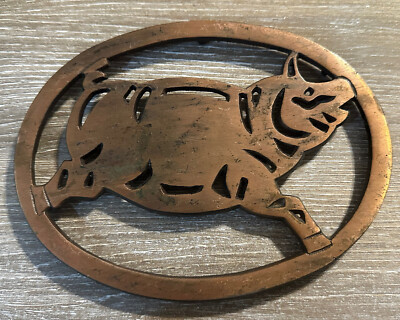 Vtg 1982 Bronze Painted Cast Iron Pig Swine Bacon Trivet Farmhouse Border Rustic