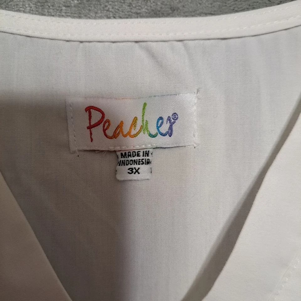 Peaches Womens Size 3X Scrub Shirt Top White Multi Pocket V-neck Workwear - Image 2 of 4