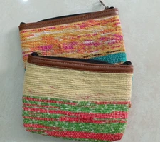 Handmade Chindi dhurrie leather pouch recycled cotton chindi combo women pouch