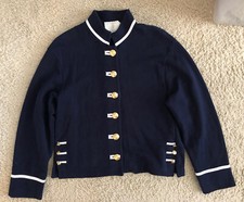 ST JOHN SPORT MARIE GRAY NAVY WHITE MILITARY STYLE JACKET GOLD BUTTONS Sz PETITE
