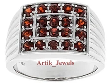 Natural Garnet Gemstone With 14K White Gold Plated Silver Ring for Men's #833