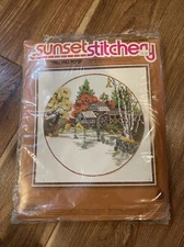 1978 Fall Mill Pond Crewel Embroidery Kit Sunset Stitchery 16x16 #2473.