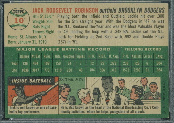 1954 Topps 10 Jackie Robinson Brooklyn Dodgers Border Erased Altered ...
