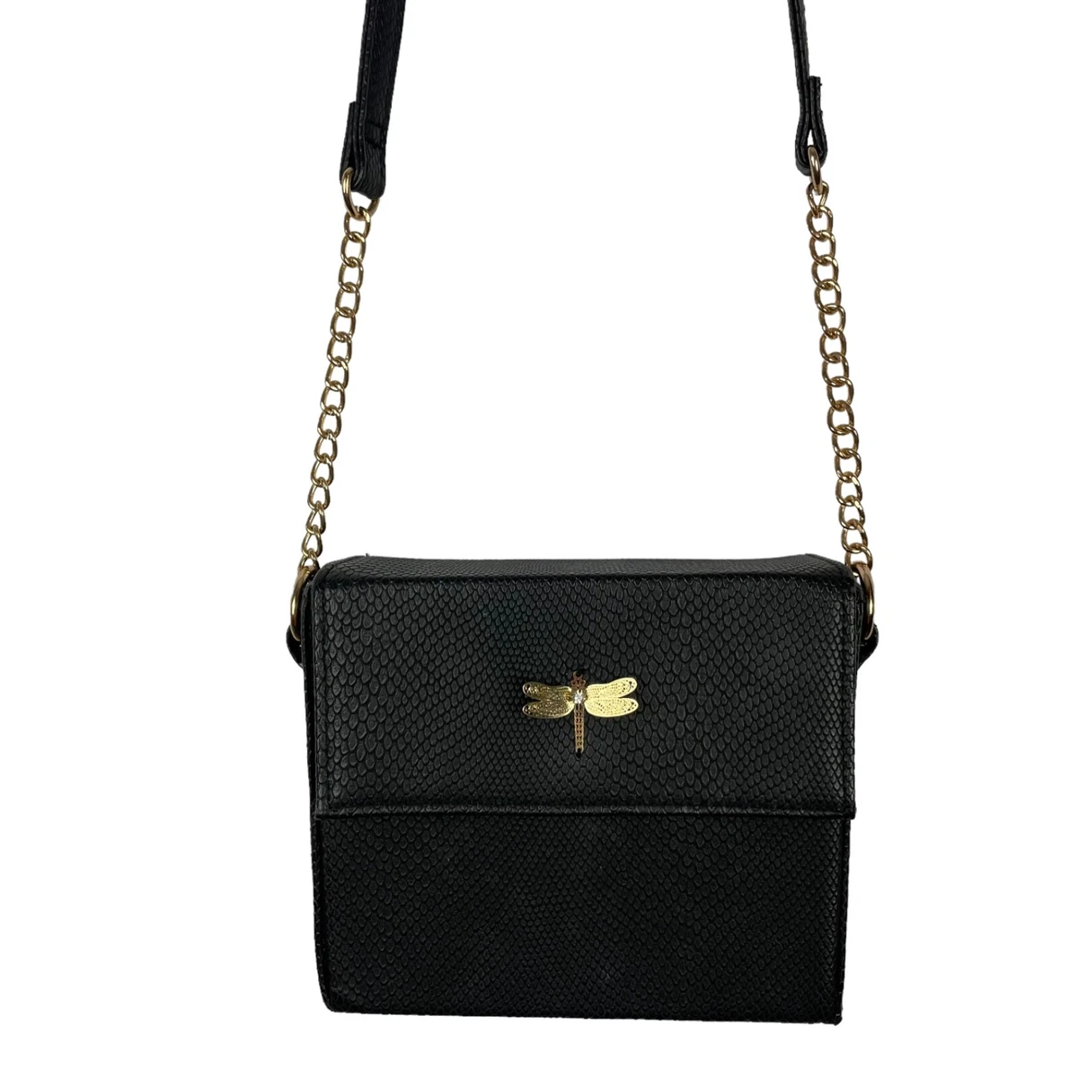 New Look Black Box Purse Bag with Gold Chain Crossbody Shoulder Dragonfly  Accent