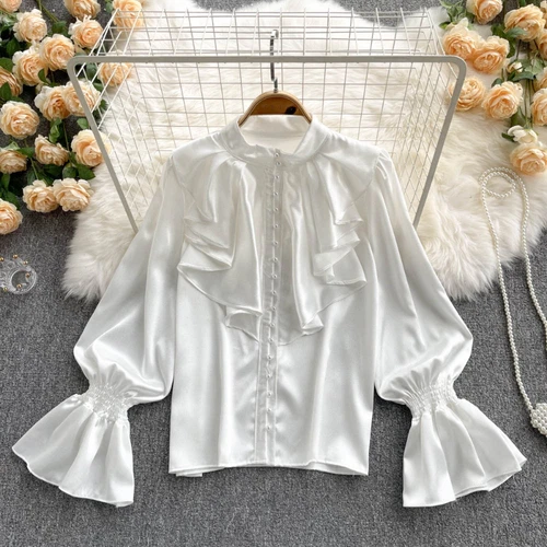 Women Ruffle Blouse Top Faux Silk Satin Puff Sleeve Retro Shirt Elegant New - Bild 4 von 21