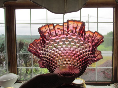 FENTON PLUM PURPLE OPALESCENT HOBNAIL RFLD 10 1/4"W X 6 1/2"H PDSTLD COMPOTE - Picture 4 of 5