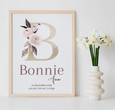 Kids Nursery Initial Name Personalised Print Gold Foil Boho Flower Birth Detail
