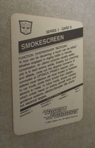 Smokescreen card #8 Transformers Hasbro 1985 plus sticker - Picture 5 of 9