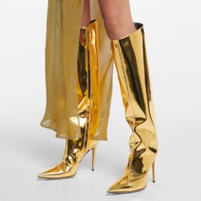 Women Bright Pu Leather Knee Length High Heel Boots Pointed Toe Stiletto Heels