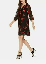 Calvin Klein Women's Shift Dress Black  Red Chiffon Floral - Size 4P / NWT