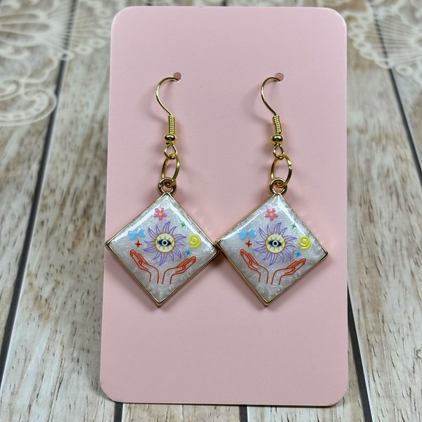 Alternate view of Evil Eye Sun Mudra Hook Dangle Earrings Gold Plated Womens Symbol Jewellery New