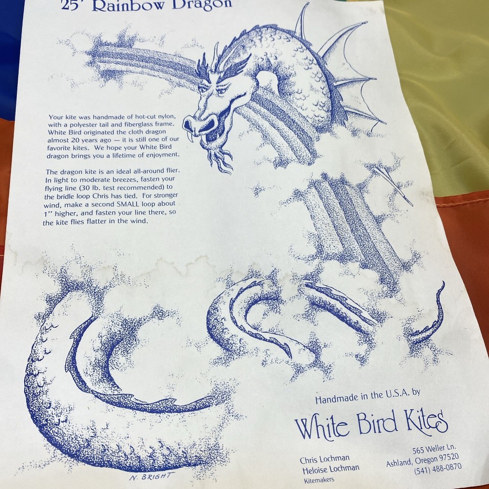 White Bird Kites 25' Rainbow Dragon Kite Handmade Ashland OR in