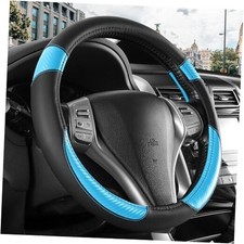 Non-Slip Car Nappa Leather Steering Wheel Cover,Universal Car Black Light Blue