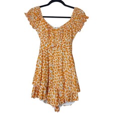O. Vianca Orange Floral Puff Sleeve Milkmaid Romper Playsuit Small Cottagecore
