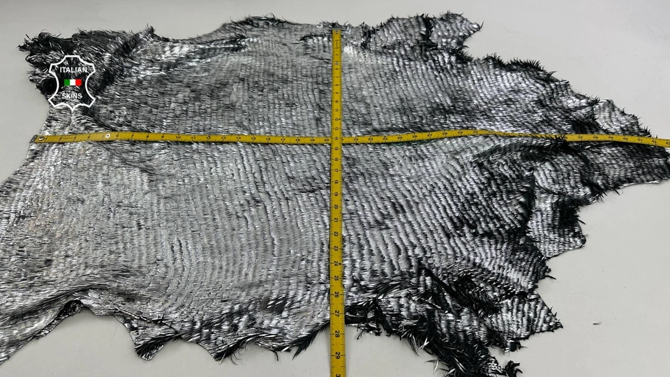 METALLIC SILVER FRINGED ON BLACK Thick Lamb leather 2 skins 12+sqf 1.0mm #C5575 - Image 4 of 4