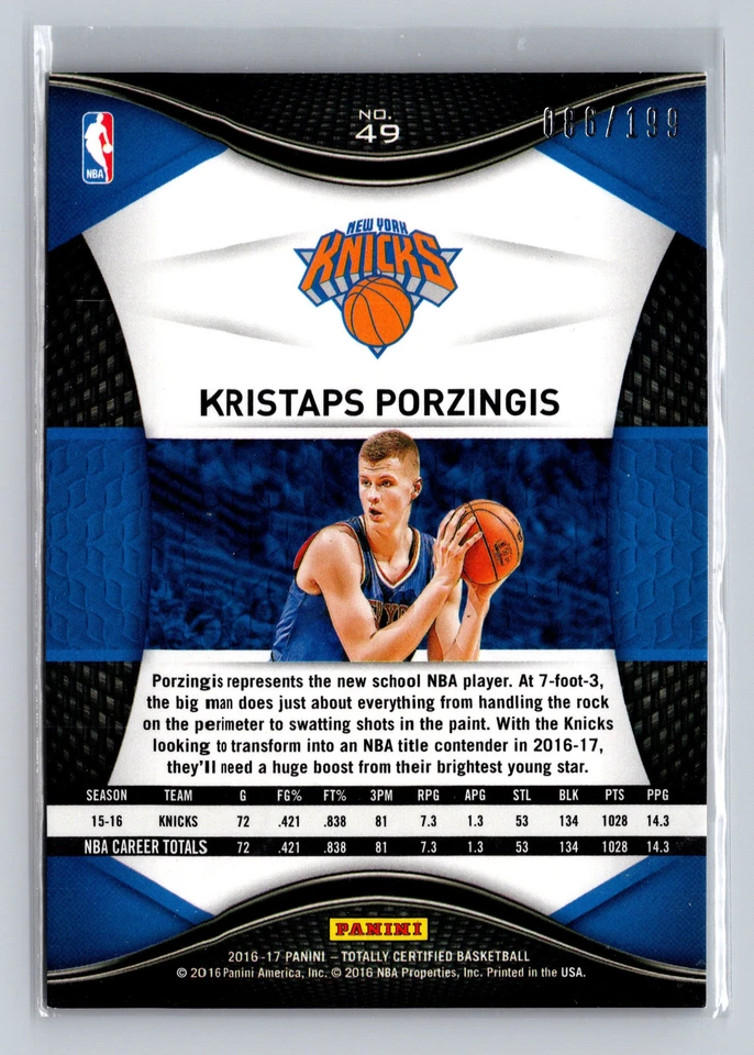 2016 Panini Totally Certified #49 Kristaps Porzingis Excellent - Image 2 of 2