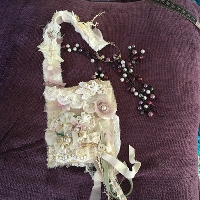 Handmade Bohemian Necklace Small Bag Necklace or Jabot Vintage Lace and Pearls