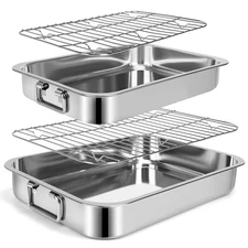 2 Pcs 13.7"15" Stainless Steel Roasting Pans with Handles, Baking Pan for Ove...
