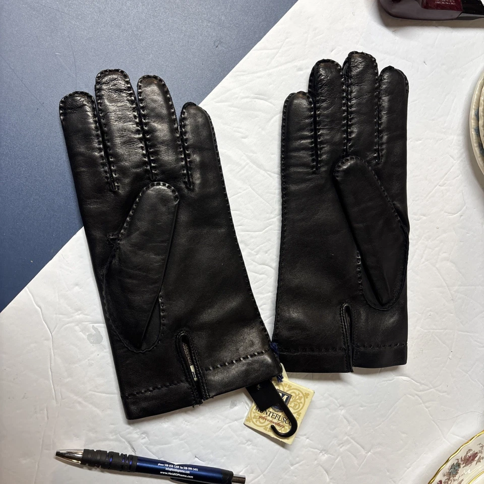 PARA HOMBRES Montefusco Italia Guantes de Cuero Negro 100% Cachemira Forrados Cuero Genuino M Foto 3 de 4