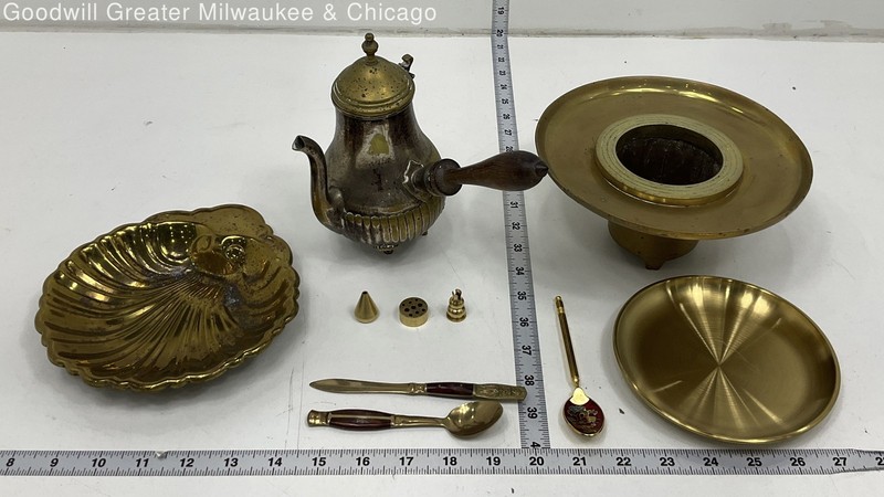 Thailand Brass Gold Mixed Decor Lot Teapot Shell Tray Bowl Spoons Incense