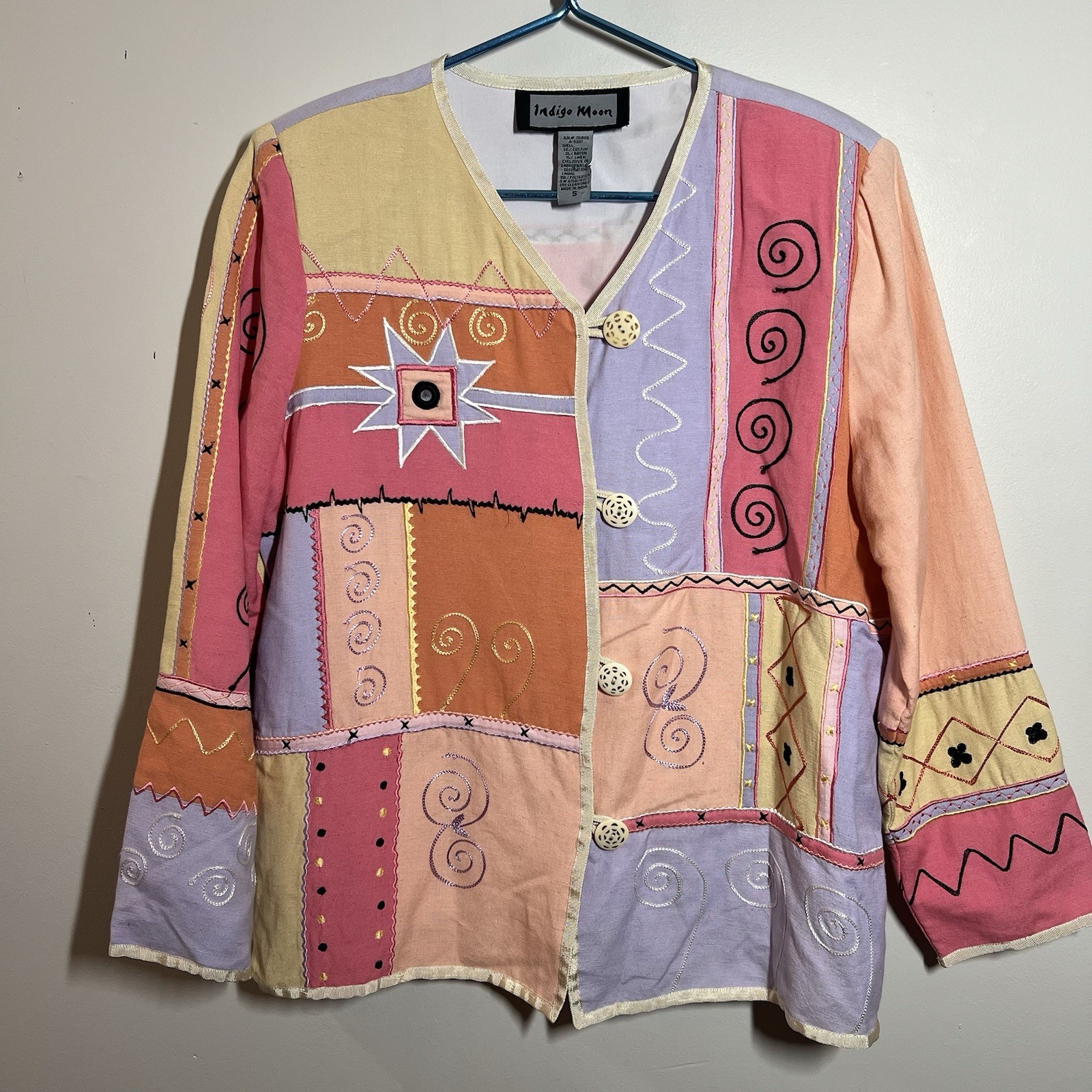 Indigo Moon Patchwork Jacket Size S Button Up Emb… - image 1