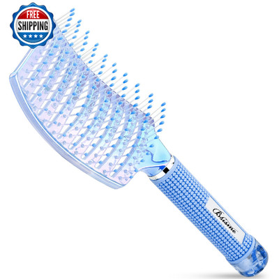 Hair Brush for Women & Kids, Curved Vent Detangler w/ Hair Clips