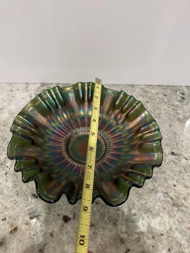 Vintage Green Carnival Glass Ruffled Bowl 9” Iridescent Sunburst