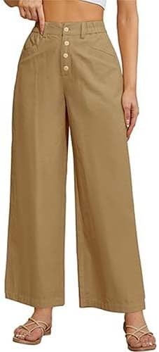 Women Cotton Linen Pants Casual Wide Leg Pants with Elastic Waistband Stylish Co