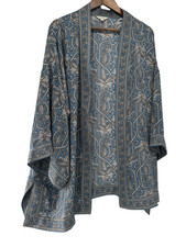 Max Studio Kimono open front cover up shawl beachy indie festival boho blue art