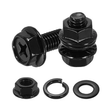 M8 x 16mm 10Pcs Phillips Flanged Hex Bolts with Nuts, Flat & Lock Washers, Black