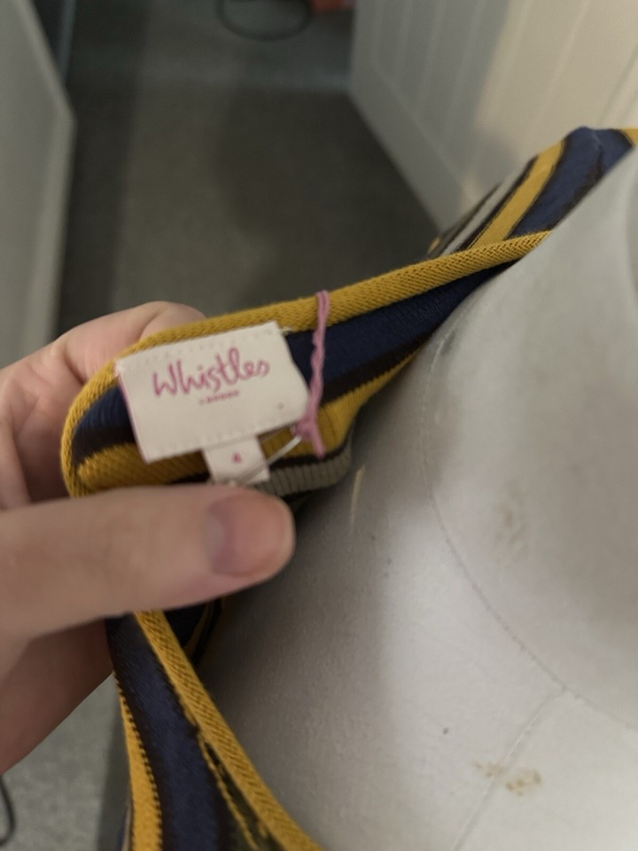 Whistles Size 4 UK 12/14 Mustard & Navy V Neck 100 Cotton Jumper BNWT