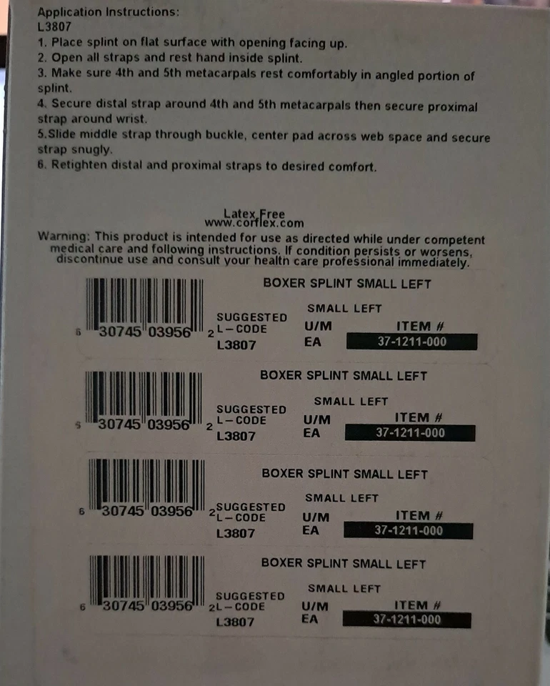 Coreflex Polycast Boxer Splint Small Left Wrist 4"-5" 4&5 MCP #37-1211-000 NIB - Image 4 of 4
