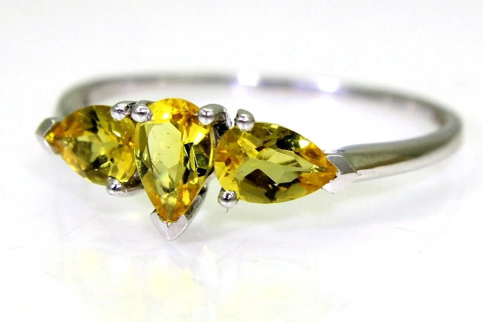 Anillo de oro blanco de 9 quilates trilogía berilo amarillo talla T 1/2 ~ 10 Foto 2 de 4