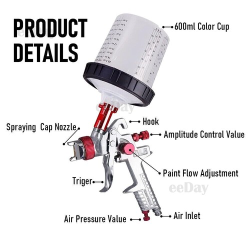 Air HVLP Spray Gun Paint Gun 600CC Gravity Feed Cup 1.4mm 1.7mm 2mm Tip AU Stock - Picture 8 of 9