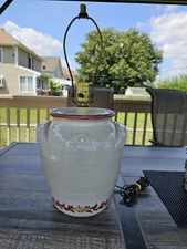 Vintage Mahon Pottery Stoneware Crock Table Lamp Off White w Pink Vine 21 in. T