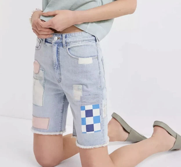 Новый с Ярлыками Anthropologie Pilcro ультра высокий подъем пэчворк джинсовой ткани Бермуды шорты размер 30