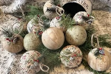 SET OF 12 Primitive Style Christmas Ornaments Handmade Round Ball Fabric Cloth