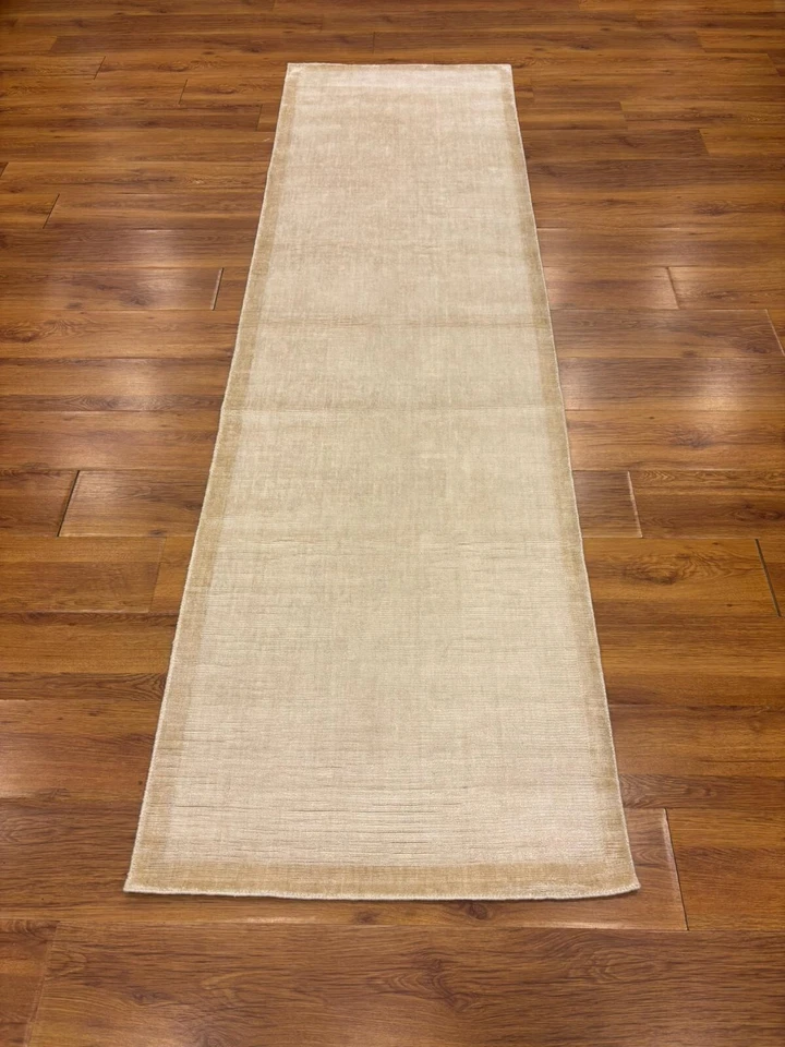 New Runner Rug, 3x10 ft Beige Area Rug, Handmade Bamboo Rug, Bamboo Silk Rug - Image 2 of 4