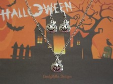 Cute Antique Silver Halloween Pumpkin Charm Necklace, Earrings, or Set